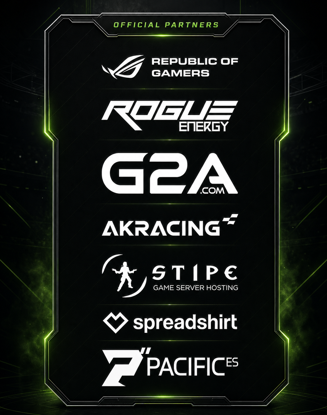 Legion Gaming sponsors: Republic of Gamers, Rogue Energy, G2A, AKRacing, STIPE, Spreadshirt and PacificES